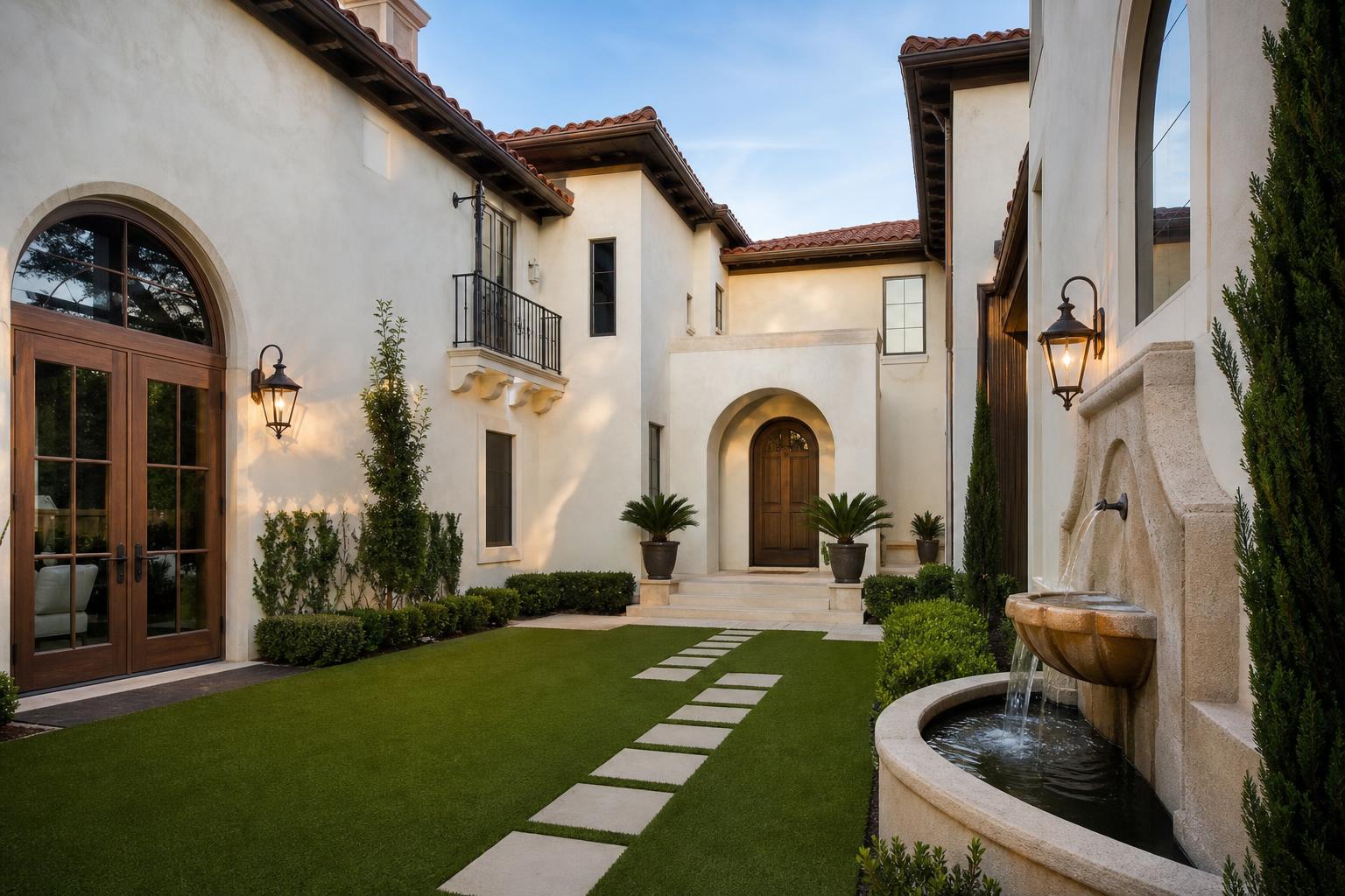 Kings Ridge Plano TX courtyard with artificial turf and stone pavers