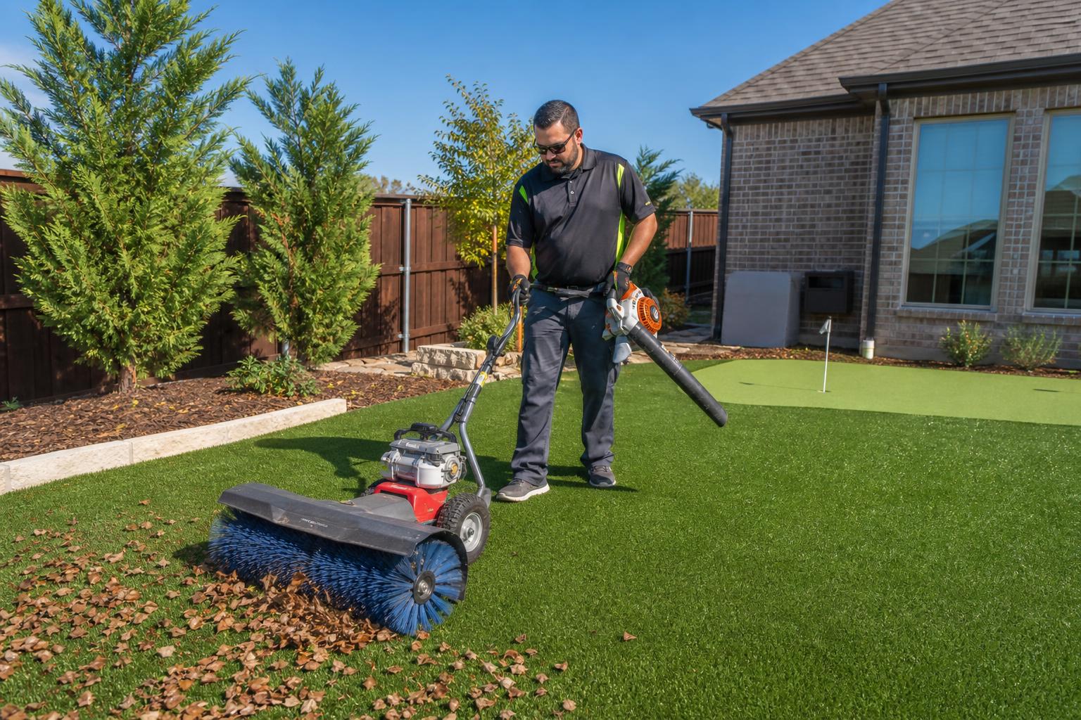 Power broom grooming artificial turf in a Plano TX backyard